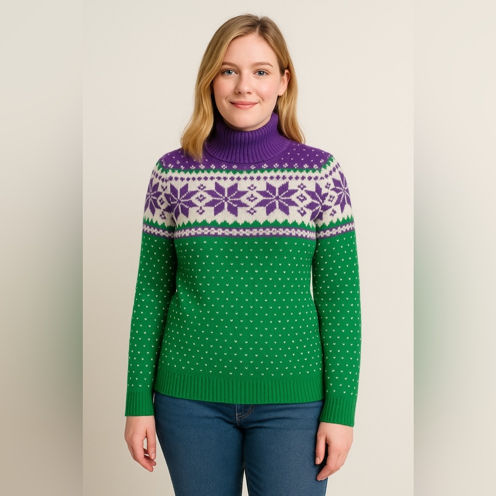 NEW Vineyard Vines purple green merino wool Fair Isle‎ snowflakes Sweater, S